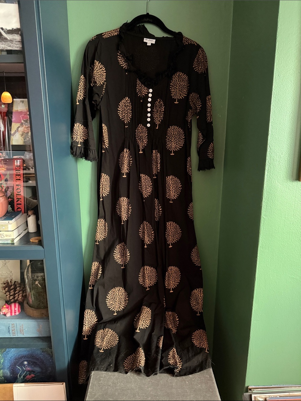 Brand New! English Indie Designer Black Maxi Dress with Gold Tree Print